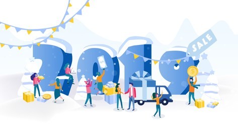 vector illustration of 2019 new year and christmas holiday , sale, people buying goods online, big number and discount label. gift boxes, coins, christmas tree, small people very happy.