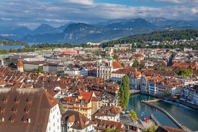 beautiful historic city center of lucerne with famous buildings and lake lucerne (vierwaldstattersee), canton of lucerne, switzerland