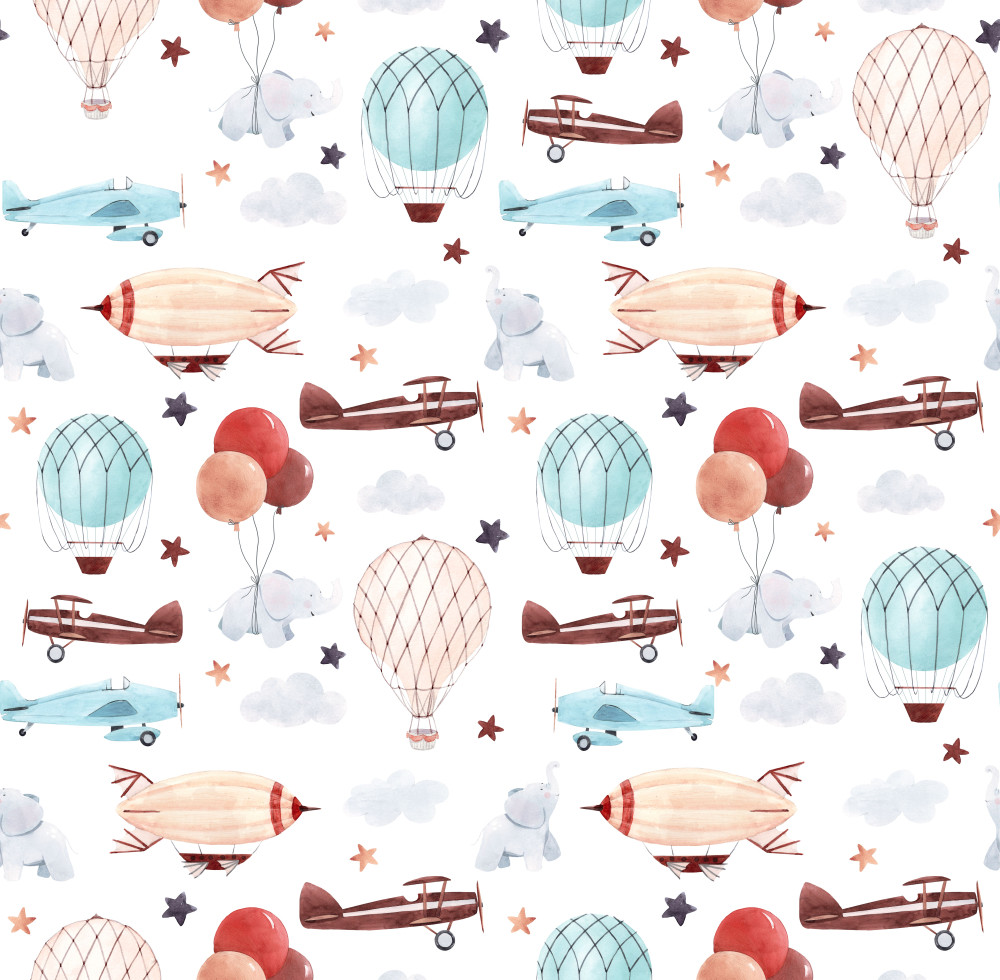 cute kids watercolor pattern. wallpaper for a boy, a starry sky with a yellow and blue aerostat, dirigible and airplanes, elephants and balloons
