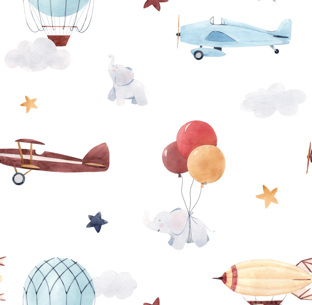 cute kids watercolor pattern. wallpaper for a boy, a starry sky with a aerostat, dirigible and airplanes, elephants and balloons