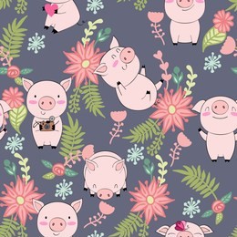 hand drawn vector seamless pattern with pigs.