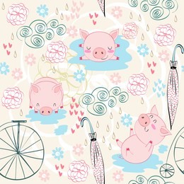 hand drawn vector seamless pattern with pigs.