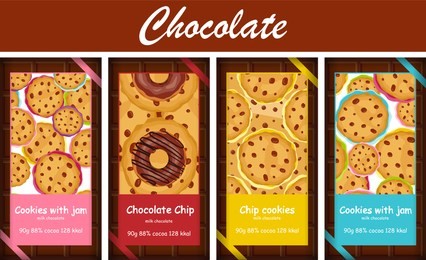 vector set of labels or stickers, perfect for chocolate bar, cookies, chocolate chip, gingerbread and other pastry. abstract backgrounds for food, snacks, sweets packages