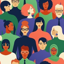 seamless pattern of many different people races and religions profile heads vector background.