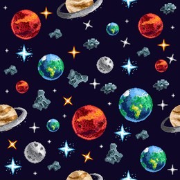 design of pixel seamless background with flying planets and stars on dark background