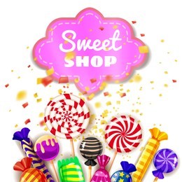 candy sweet shop background set of different colors of candy, candy, sweets, candy, jelly beans. the explosion of confetti, the rays of light, holiday, christmas. template, poster, banner, vector
