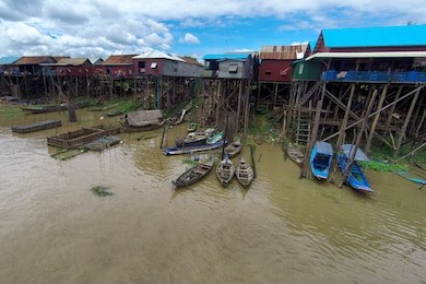 aerial view of kompong khleang village on tonle sap lake in cambodia just before the start of the rainy season