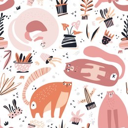 guilty cat flat hand drawn vector seamless pattern. cute, naughty and playful cats with house plants cartoon texture. kittens play with flower pots scandinavian illustrations. color background fill