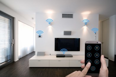 smart home living room controlled by smart phone app