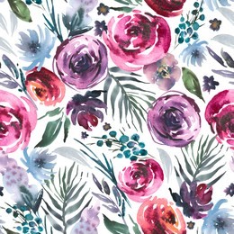 abstract watercolor floral seamless pattern in a la prima style, red watercolor roses - flowers, twigs, leaves, buds. hand painted vintage floral texture on white background.