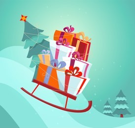 sledge with gifts rushing down the snow slide. a stack of gift boxes and a christmas tree tied to a sled with a rope. festive bright flat vector illustration in cartoon style.