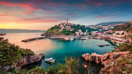 aerial morning cityscape of vrbnik town. wonderful summer seascape of adriatic sea, krk island, kvarner bay archipelago, croatia, europe. beautiful world of mediterranean countries. 