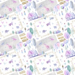 seamless pattern of a village, pasture, forest,cow, sheep, chicken, horse,farm and floral.landscape.watercolor hand drawn illustration.white background.
