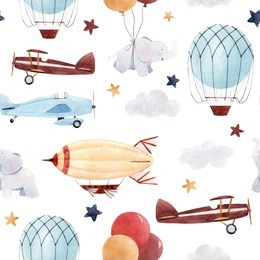 cute kids watercolor pattern. wallpaper for a boy, a starry sky with a aerostat, dirigible and airplanes, elephants and balloons. 