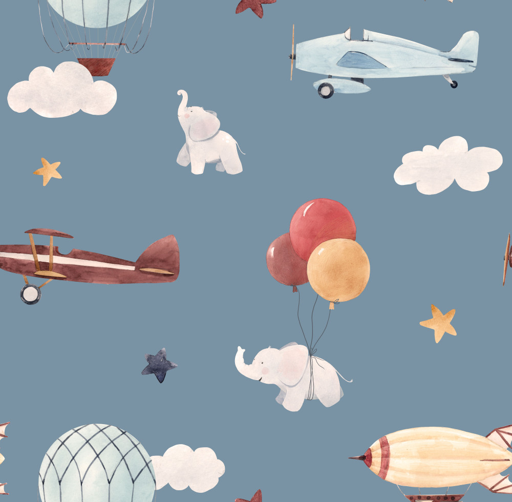 cute kids watercolor pattern. wallpaper for a boy, a starry sky with a aerostat, dirigible and airplanes, elephants and balloons. gray background