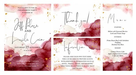 burgundy, pink and gold wedding set with  hand drawn watercolor background. includes invintation, menu, information and thank you cards templates. vector set
