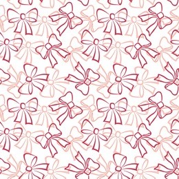 abstract holiday seamless pattern with red and pink outline bows on white background.