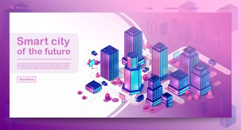 smart city isometric architecture concept. web banner with neon modern buildings. futuristic city. 3d infographics. intelligent buildings. internet of things. isolated vector illustration