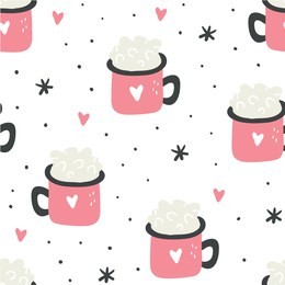cute vector seamless pattern of autumn and winter hygge elements - mugs with warm cacao, hearts and snowflakes. isolated on white background. perfect for textile design. scandinavian style