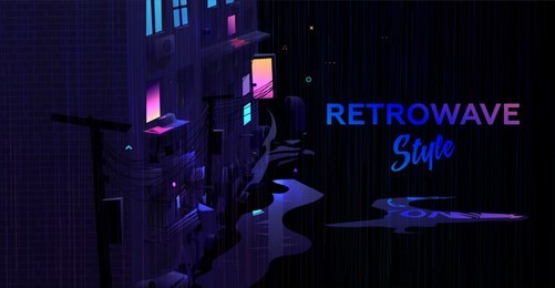 retro wave style futuristic city street. neon glowing night lights with rain and puddles. cyberpunk synth concept design for posters, placards, banners and music covers. eps10 vector illustration.