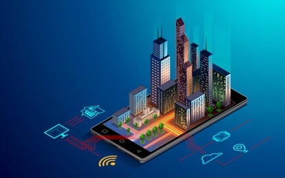 smartphone with smart city with smart services and icons, internet of things, networks and augmented reality concept , night city .