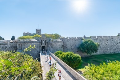 city gate and city walls of medieval city of rhodes (rhodes, greece)
