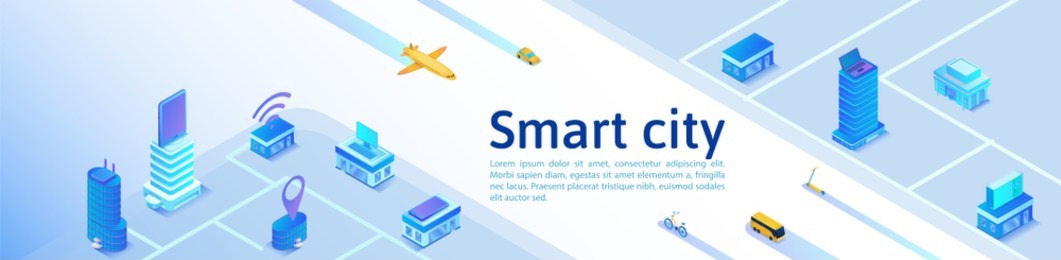 smart city isometric banner, online transportation service, mobile app landing page template with intelligent buildings, smartphone, tablet, laptop, 3d vector illustration