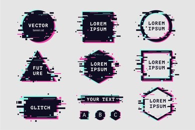 glitch effect banners and frame set. futuristic design with glitchy abstract shapes. vector clipart elements.