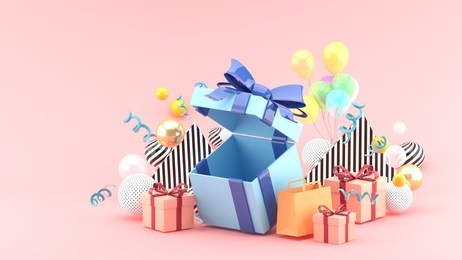 gift box and shopping bag amid colorful balls on pink background.-3d rendering.