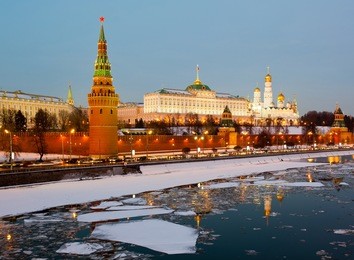 winter evening in moscow, russia (the grand kremlin palace and kremlin wall)