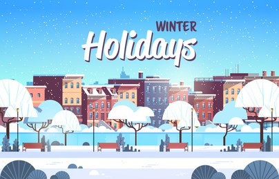 city winter park wooden bench light lamp street house building cityscape background merry christmas happy new year concept flat horizontal vector illustration