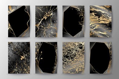 set of elegant brochure, card, background, cover, wedding invitation. black and golden marble texture. geometric frame. hand sketched botanicals.