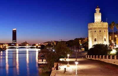 torre del oro (gold tower) and river rio guadalquivir at night, seville, andalusia, spain, europe