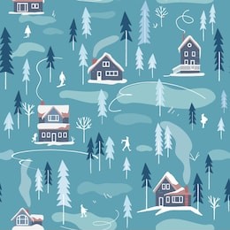  winter snowy landscape with houses, trees and people. vector seamless pattern. endless background
