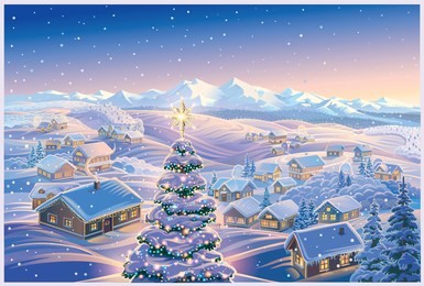 a festive winter landscape with a village in the background and a festive, dressed-up christmas tree in the foreground. it illustration can be used as a christmas holiday card.
