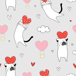 draw seamless pattern background white cat and pug dog holding red heart on white for valentine day.doodle cartoon style.