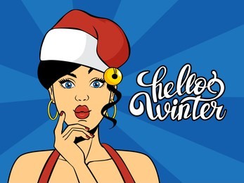 pop art brunette woman saying hello winter. sexy comic vintage girl with red lips on christmas holiday. flat vector illustration