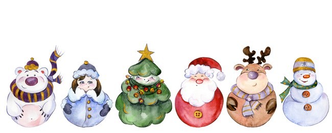 set of christmas characters (santa, snow maiden, snowman, reindeer, polar bear, christmas tree) isolated on white background. watercolor painting. hand painted. can be used as pattern or greeting card