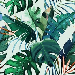 jungle exotic seamless pattern, green tropical leaves, summer vector illustration on white background. watercolor style