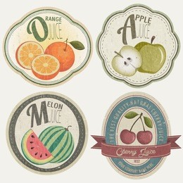 vintage label collection with fruit illustrations. fruit label set in retro style. orange, apple, cherries and melon cartoon style illustrations.