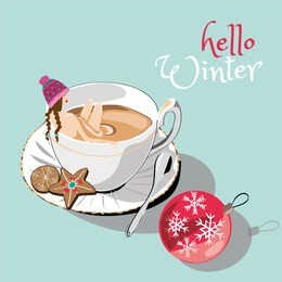 hello winter woman and winter tea. vector illustration of woman with winter hat bathing in winter tea with christmas cookies and christmas ball on blue background