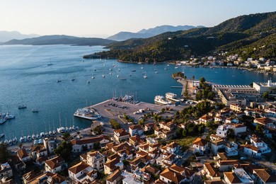 aerial view of the poros yaht harbor, aegean sea, greece.