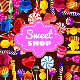 candy sweet shop background set of different colors of candy, candy, sweets, candy, jelly beans. template, poster, banner, vector, isolated, cartoon style