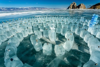 ice crystals of the labyrinth on lake baikal. russia.