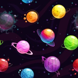 seamless pattern with colorful cartoon fantasy planets. vector space background.