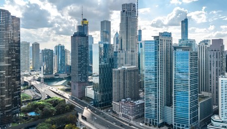 chicago skyline aerial drone view from above, lake michigan and city of chicago downtown skyscrapers cityscape, illinois, usa