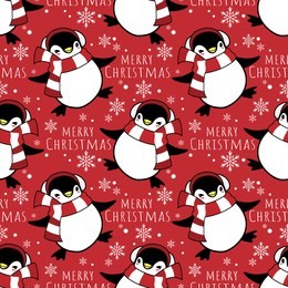 christmas holiday season seamless pattern with cute cartoon penguins in winter custom with gift box on snow hill and merry christmas text.