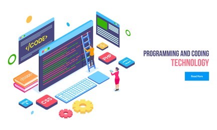 programming and coding technology concept, miniature programmer fixing the problem, website under maintenance and illustration of equipments on white background.