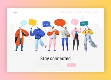 social network landing page template. group of young people characters chatting using smartphone for website or web page. virtual communication concept. vector illustration