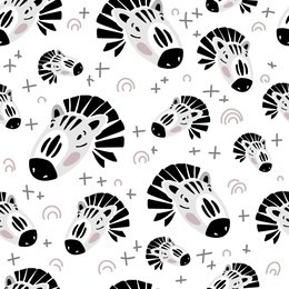 vector seamless pattern with animals - cute zebra face, muzzle on white, endless texture. flat and hand drawn, scandinavian style. for design of clothes, baby textiles, prints, posters, greeting cards